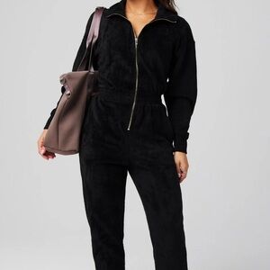 NWT Fabletics Black Cozy Chic Cord Jumpsuit Small S 1 Piece Fleece Romper